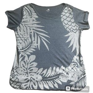 Palm Harbour Tunic T-shirt Heather Blue with Palm Leaf Print Short Sleeve 2X